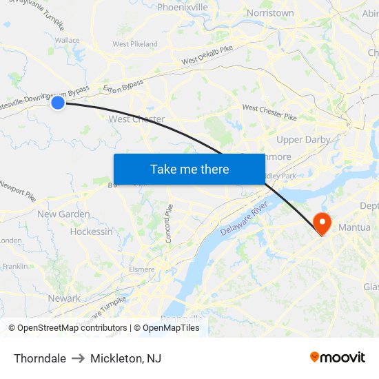 Thorndale to Mickleton, NJ map