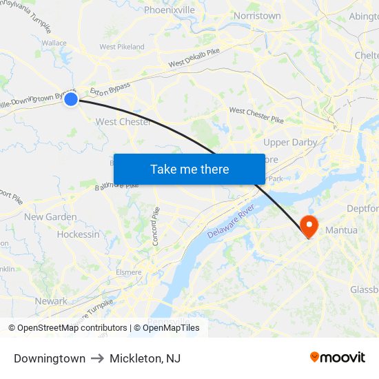 Downingtown to Mickleton, NJ map