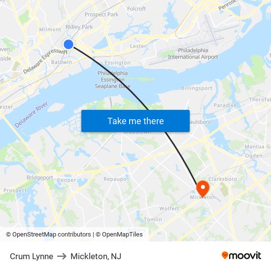Crum Lynne to Mickleton, NJ map