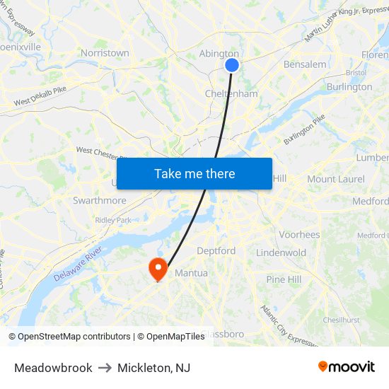 Meadowbrook to Mickleton, NJ map