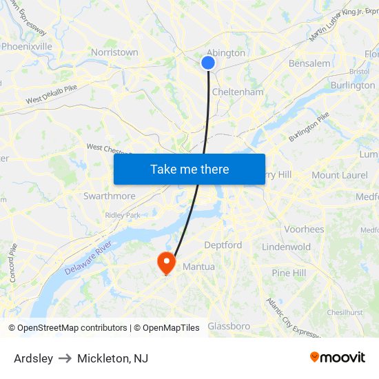 Ardsley to Mickleton, NJ map