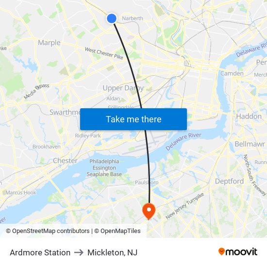 Ardmore Station to Mickleton, NJ map