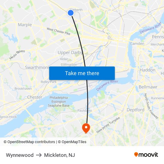 Wynnewood to Mickleton, NJ map