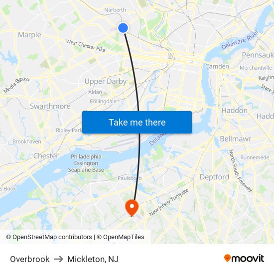 Overbrook to Mickleton, NJ map