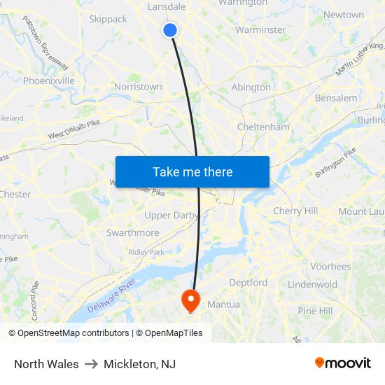 North Wales to Mickleton, NJ map