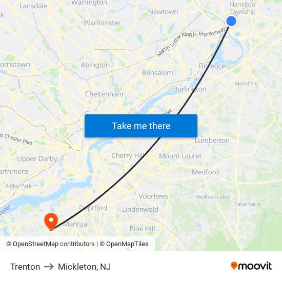 Trenton to Mickleton, NJ map