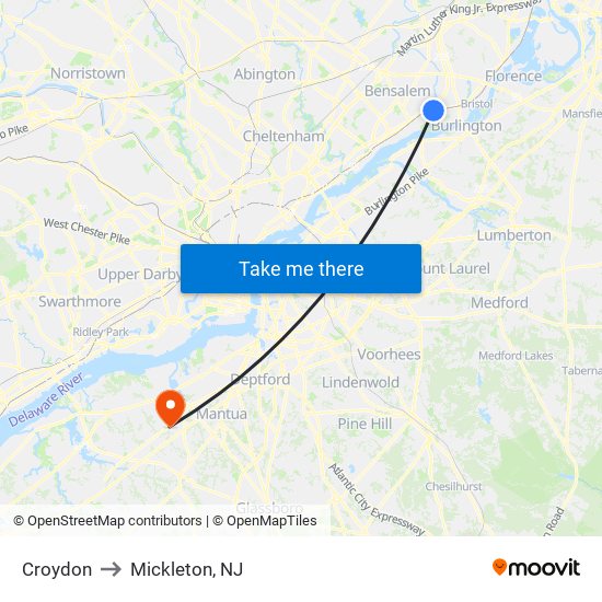 Croydon to Mickleton, NJ map