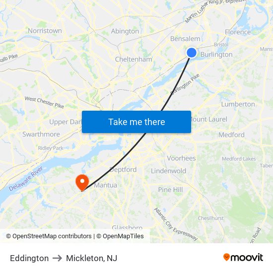 Eddington to Mickleton, NJ map