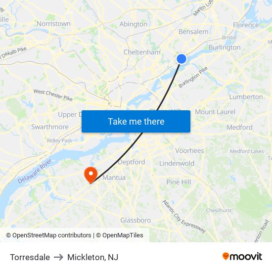 Torresdale to Mickleton, NJ map