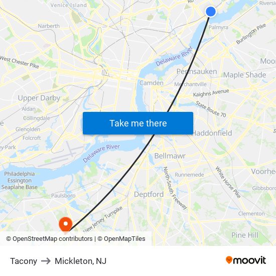 Tacony to Mickleton, NJ map