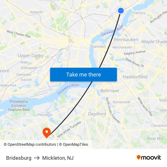 Bridesburg to Mickleton, NJ map