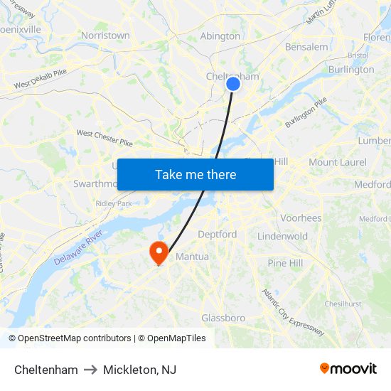 Cheltenham to Mickleton, NJ map