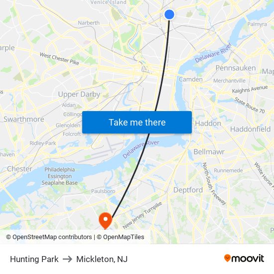 Hunting Park to Mickleton, NJ map