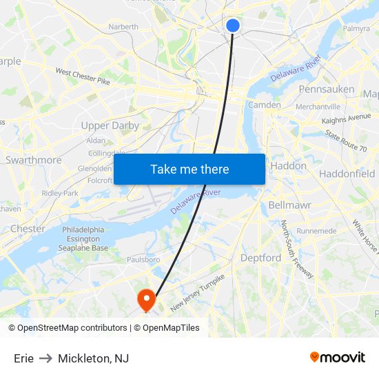 Erie to Mickleton, NJ map