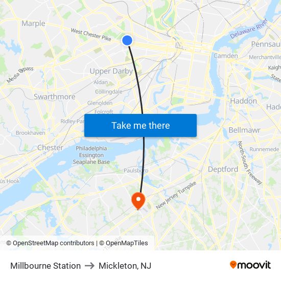 Millbourne Station to Mickleton, NJ map