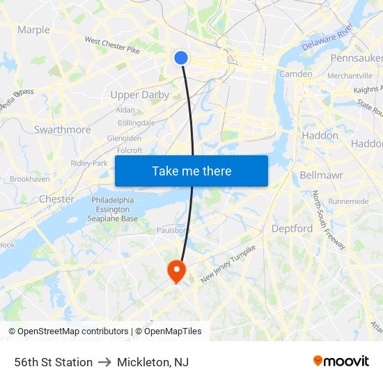 56th St Station to Mickleton, NJ map