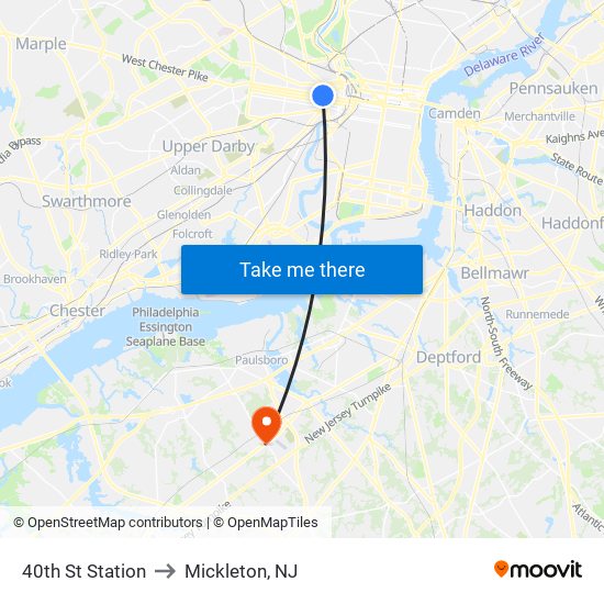40th St Station to Mickleton, NJ map
