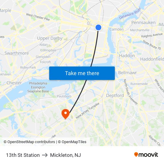 13th St Station to Mickleton, NJ map