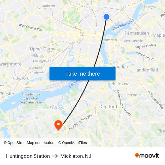 Huntingdon Station to Mickleton, NJ map