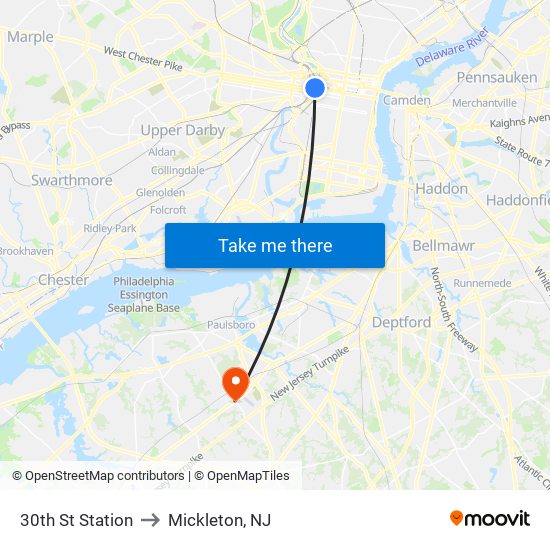 30th St Station to Mickleton, NJ map