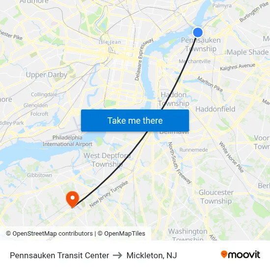 Pennsauken Transit Center to Mickleton, NJ map