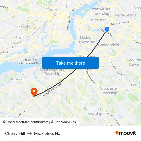 Cherry Hill to Mickleton, NJ map