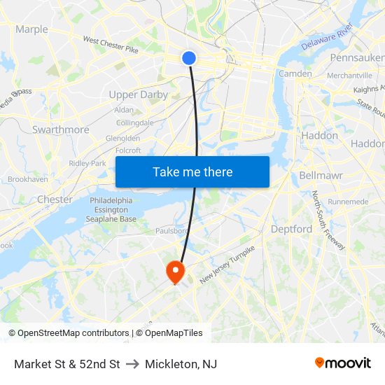 Market St & 52nd St to Mickleton, NJ map