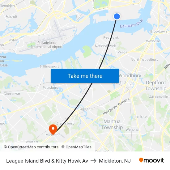 League Island Blvd & Kitty Hawk Av to Mickleton, NJ map