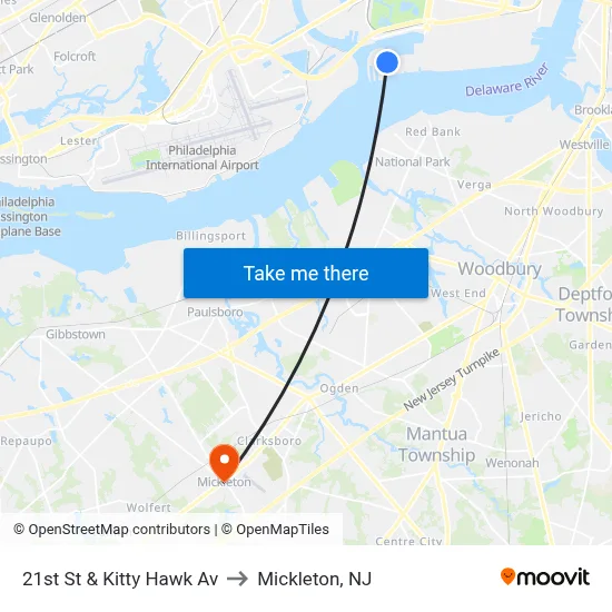 21st St & Kitty Hawk Av to Mickleton, NJ map