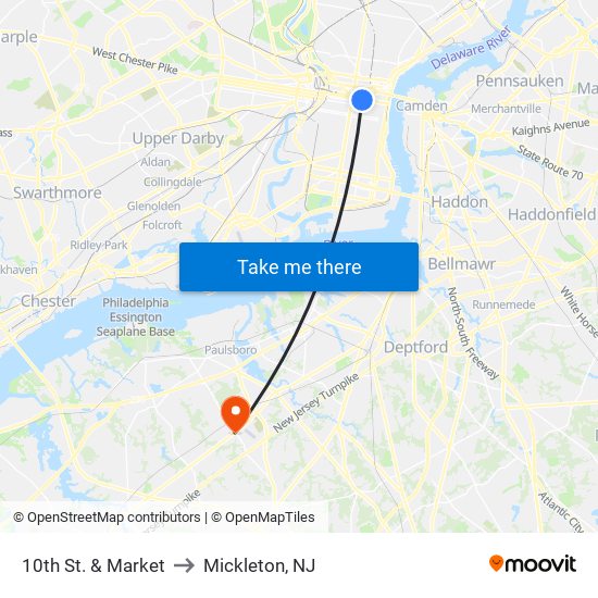 10th St. & Market to Mickleton, NJ map