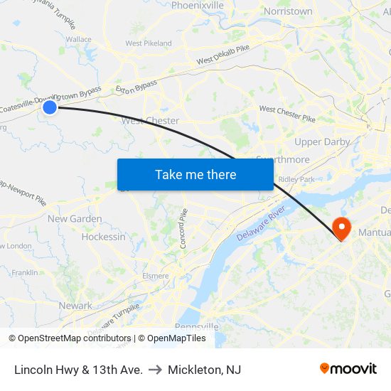 Lincoln Hwy & 13th Ave. to Mickleton, NJ map