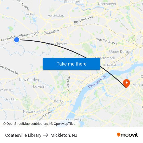 Coatesville Library to Mickleton, NJ map