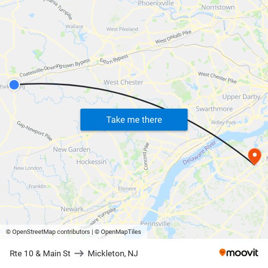 Rte 10 & Main St to Mickleton, NJ map