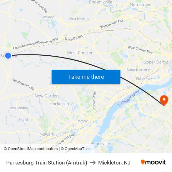 Parkesburg Train Station (Amtrak) to Mickleton, NJ map