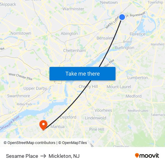 Sesame Place to Mickleton, NJ map