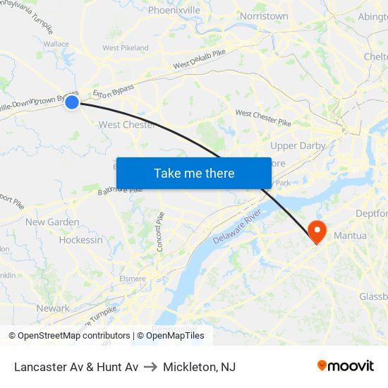Lancaster Av & Hunt Av to Mickleton, NJ map