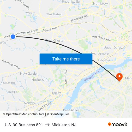 U.S. 30 Business 891 to Mickleton, NJ map