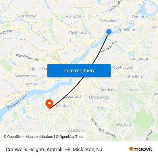 Cornwells Heights Amtrak to Mickleton, NJ map