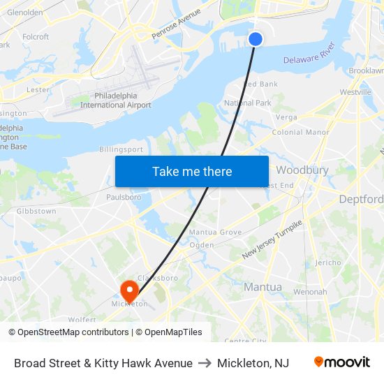 Broad Street & Kitty Hawk Avenue to Mickleton, NJ map
