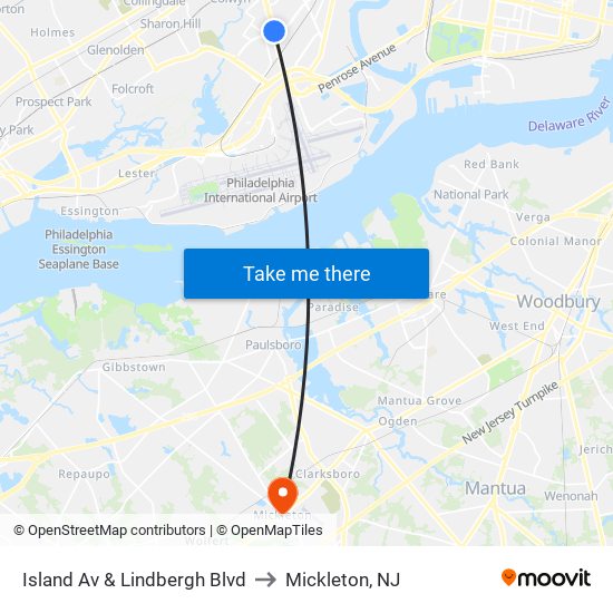 Island Av & Lindbergh Blvd to Mickleton, NJ map