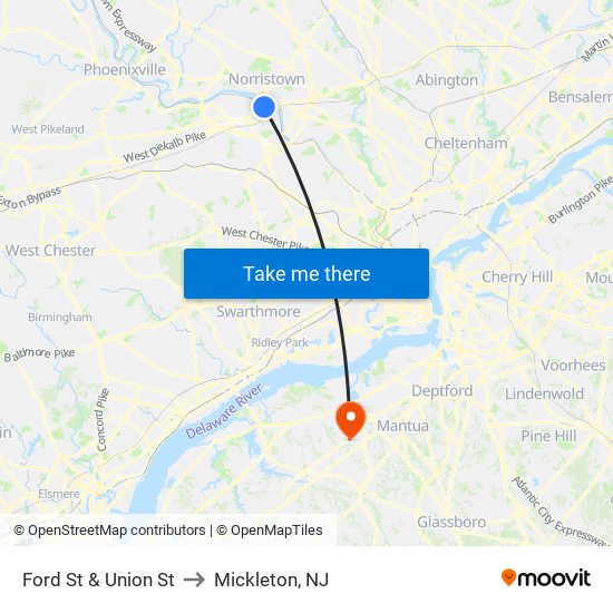 Ford St & Union St to Mickleton, NJ map