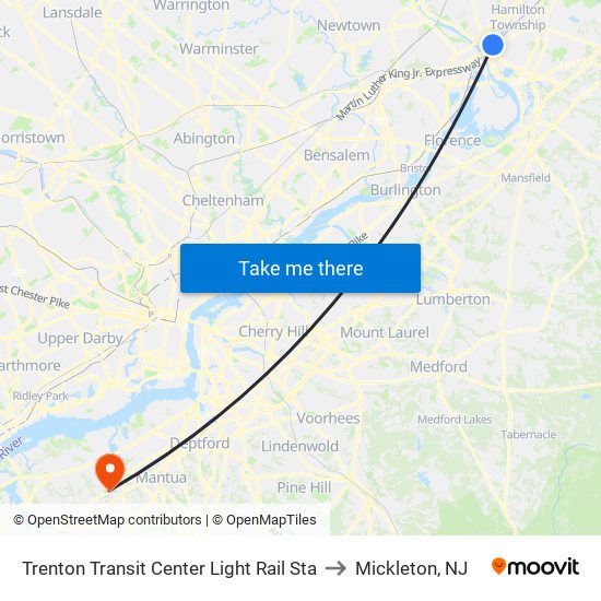 Trenton Transit Center Light Rail Sta to Mickleton, NJ map