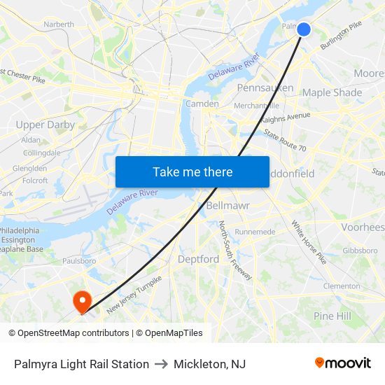 Palmyra Light Rail Station to Mickleton, NJ map
