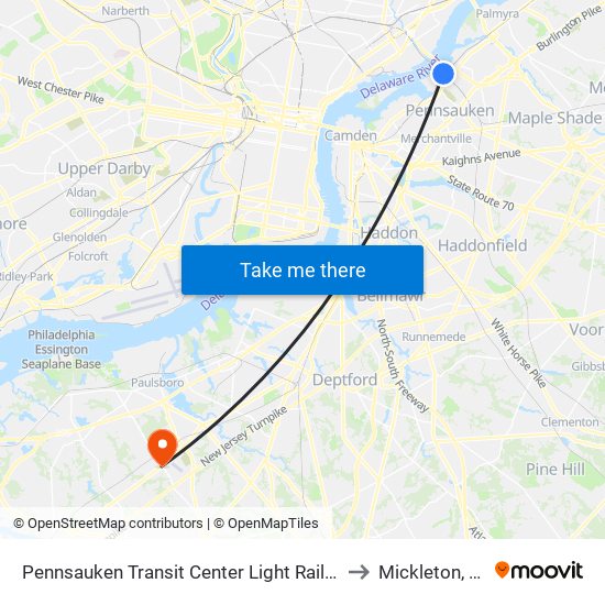 Pennsauken Transit Center Light Rail Sta to Mickleton, NJ map