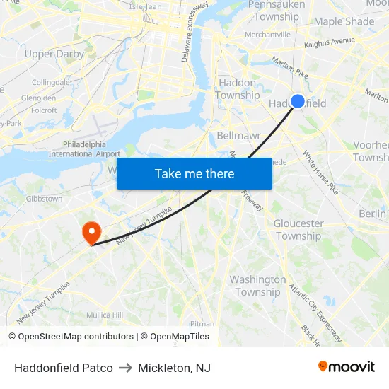 Haddonfield Patco to Mickleton, NJ map