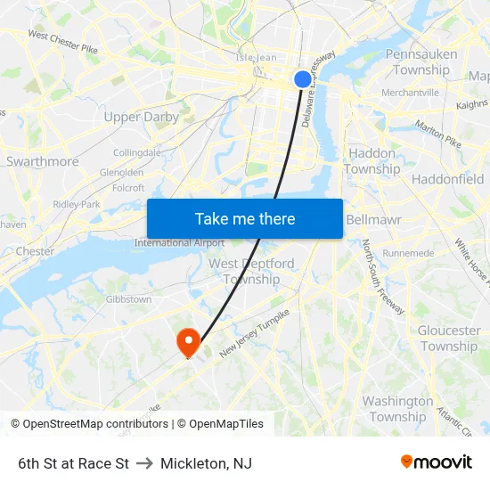 6th St at Race St to Mickleton, NJ map