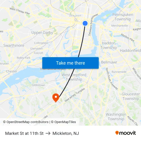 Market St at 11th St to Mickleton, NJ map