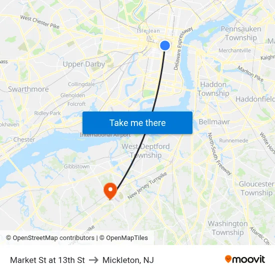 Market St at 13th St to Mickleton, NJ map