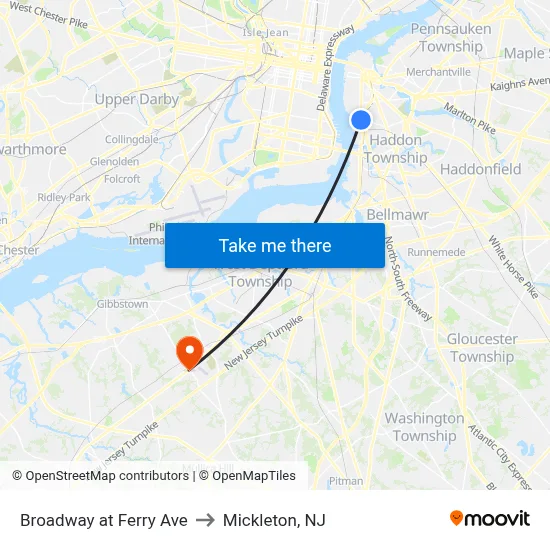 Broadway at Ferry Ave to Mickleton, NJ map