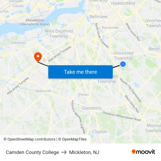 Camden County College to Mickleton, NJ map